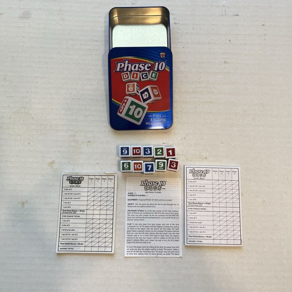 Phase 10 Dice Game Blue Metal Tin by Mattel # W4730 COMPLETE